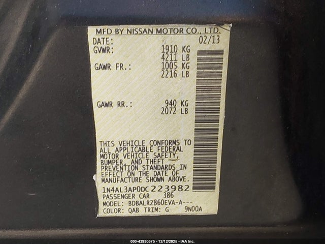 43930575 :رقم المزاد ، 1N4AL3AP0DC223982 vin ، 2013 Nissan Altima 2.5 S مزاد بيع
