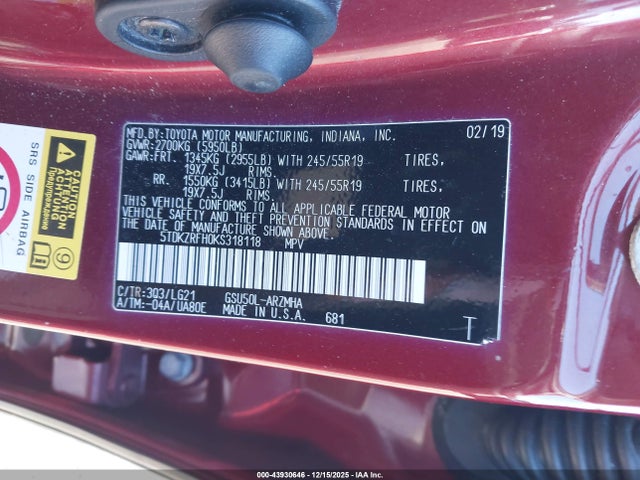 5TDKZRFH0KS318118 Toyota Highlander Se