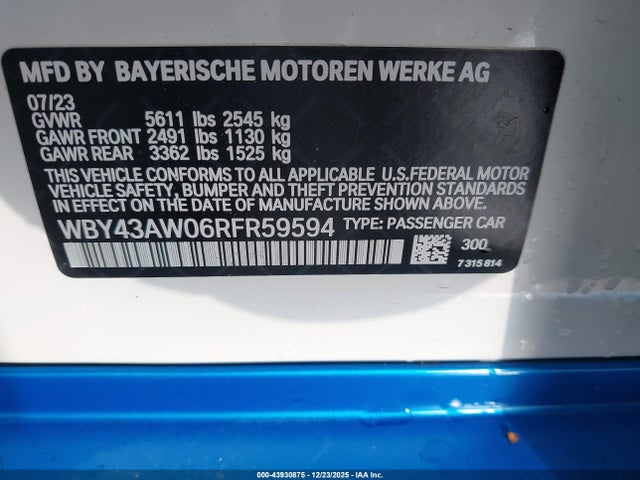Продаж на аукціоні авто 2024 Bmw I4 Gran Coupe Edrive35, vin: WBY43AW06RFR59594, номер лоту: 43930875