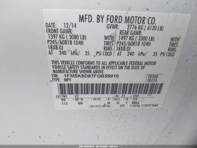 Ford EXPLORER XLT 2015 1FM5K8D87FGB59916 Image 9