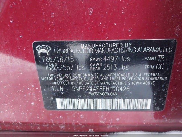 Hyundai SONATA SE 2015 5NPE24AF8FH190426 Image 9
