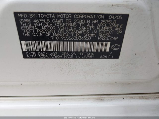 2006 LEXUS GS 300 JTHCH96S660004600 Photo 8