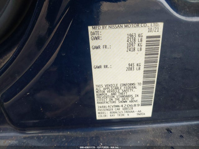 1N4BL4CV9MN420689 Nissan Altima Sr Fwd