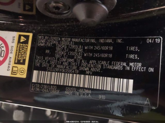 2019 TOYOTA HIGHLANDER 5TDJZRFH1KS595419 Photo 8