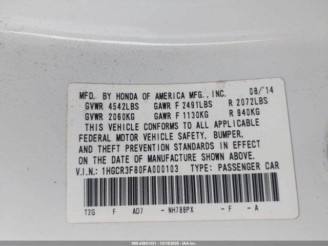 Honda Accord Ex-l V-6 2015 1HGCR3F80FA000103 Image 9