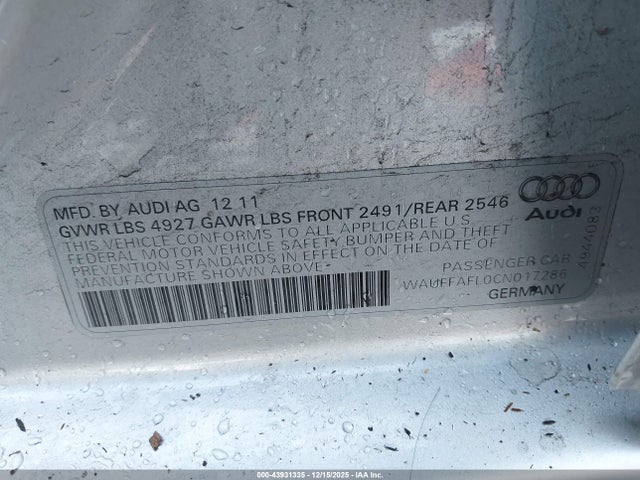 Продаж на аукціоні авто 2012 Audi A4 2.0t Premium, vin: WAUFFAFL0CN017286, номер лоту: 43931335