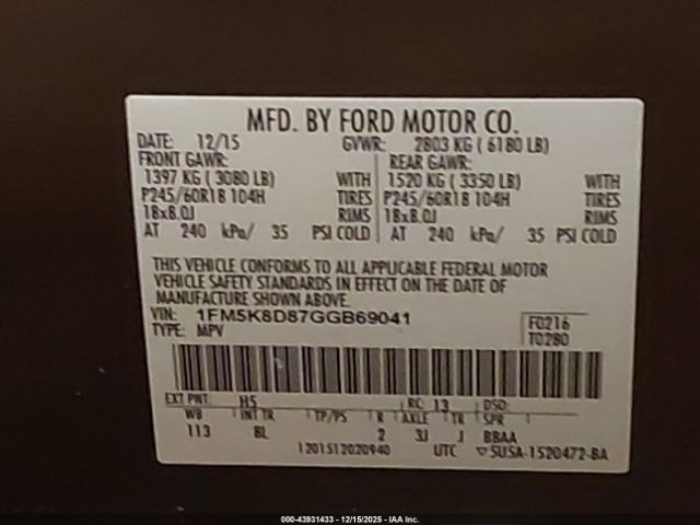 2016 FORD EXPLORER 1FM5K8D87GGB69041 Photo 8