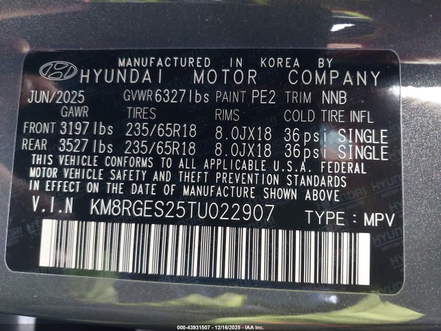 Продажа на аукционе авто 2026 Hyundai Palisade Sel, vin: KM8RGES25TU022907, номер лота: 43931507