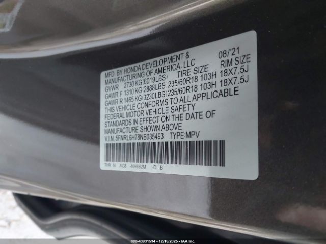 2022 HONDA ODYSSEY 5FNRL6H78NB035493 Photo 8