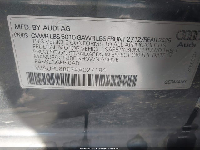 2004 AUDI S4 WAUPL68E74A027184 Photo 8