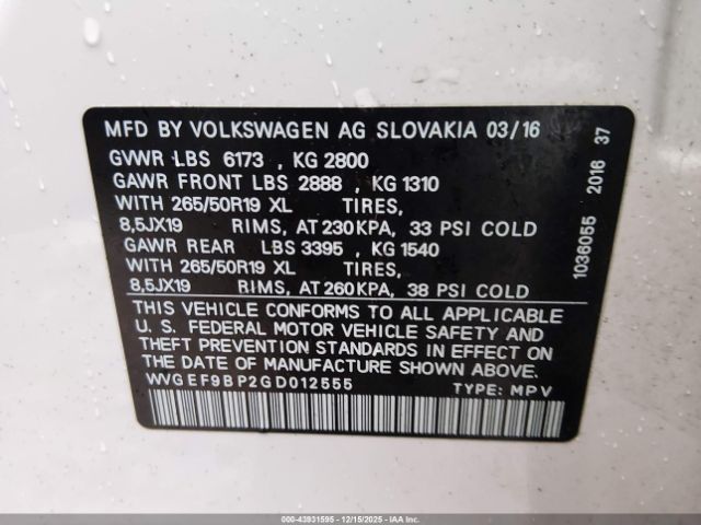 2016 VOLKSWAGEN TOUAREG WVGEF9BP2GD012555 Photo 8
