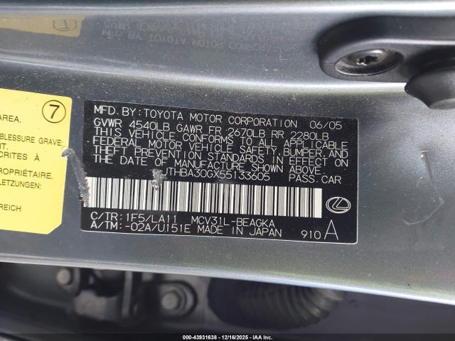 Aukcja sprzedaży 2005 Lexus Es 330, vin: JTHBA30GX55133605, numer aukcji: 43931638