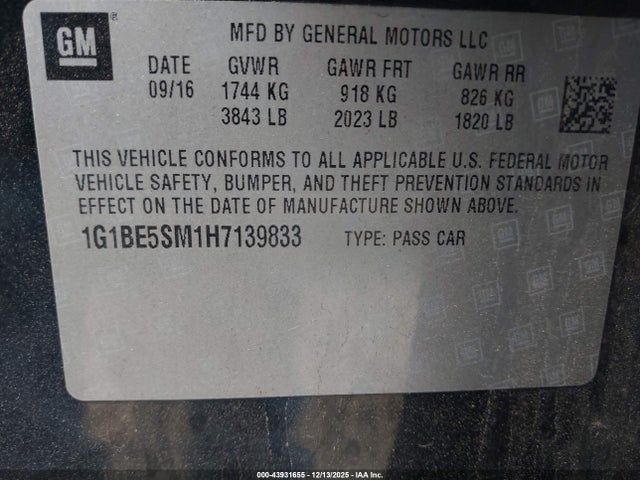 1G1BE5SM1H7139833 Chevrolet Cruze Lt Auto