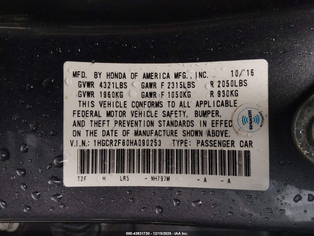 1HGCR2F80HA090253 Honda Accord Ex-l