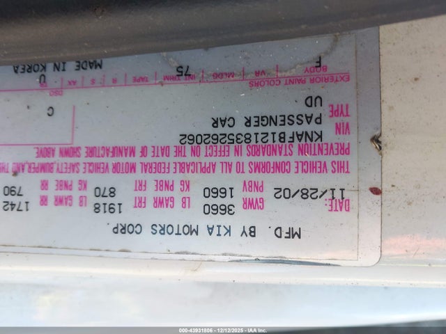 2003 KIA SPECTRA KNAFB121835262062 Photo 8