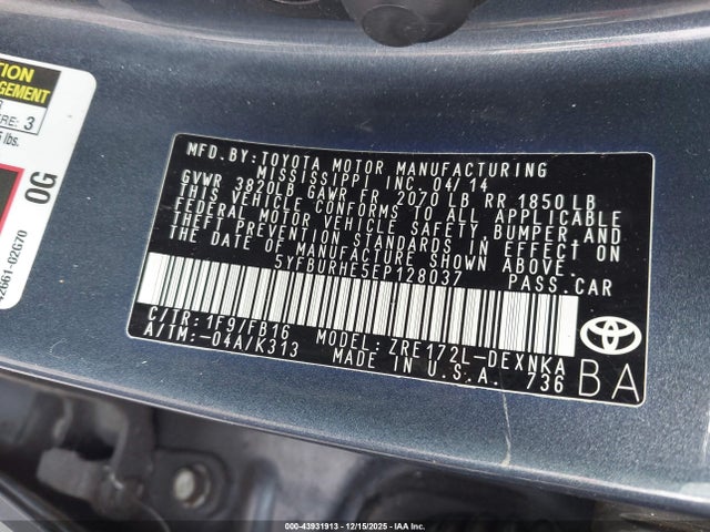 Toyota Corolla Le/le Plus/le Premium 2014 5YFBURHE5EP128037 Image 9