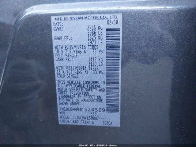 Aukcja sprzedaży 2018 Infiniti Qx60, vin: 5N1DL0MM9JC524569, numer aukcji: 43931987