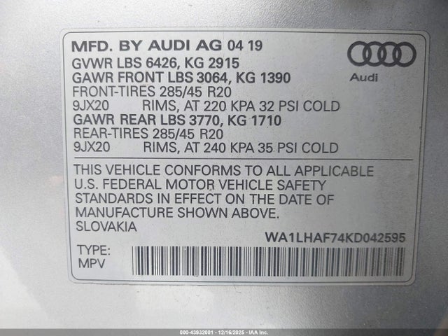 Audi Q7 45 Premium 2019 WA1LHAF74KD042595 Image 9