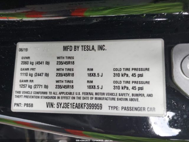 2019 TESLA MODEL 3 5YJ3E1EA8KF399959 Photo 8