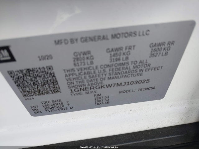 1GNERGKW7MJ103025 Chevrolet Traverse Fwd Lt Cloth