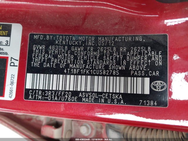 2012 TOYOTA CAMRY 4T1BF1FK1CU582785 Photo 8