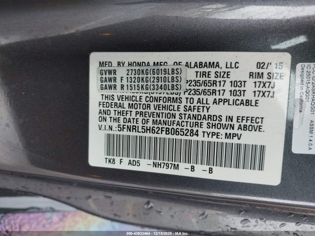 Honda Odyssey Ex-l 2015 5FNRL5H62FB065284 Image 9