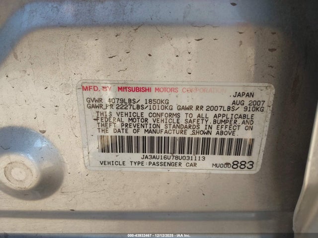 2008 MITSUBISHI LANCER JA3AU16U78U031113 Photo 8