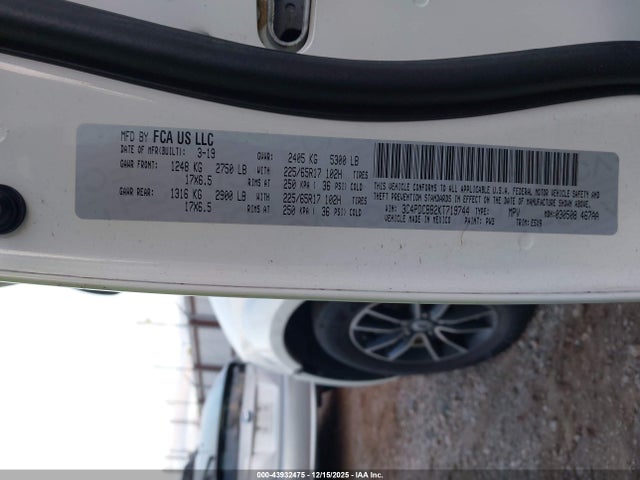 Продаж на аукціоні авто 2019 Dodge Journey Se, vin: 3C4PDCBB2KT719744, номер лоту: 43932475