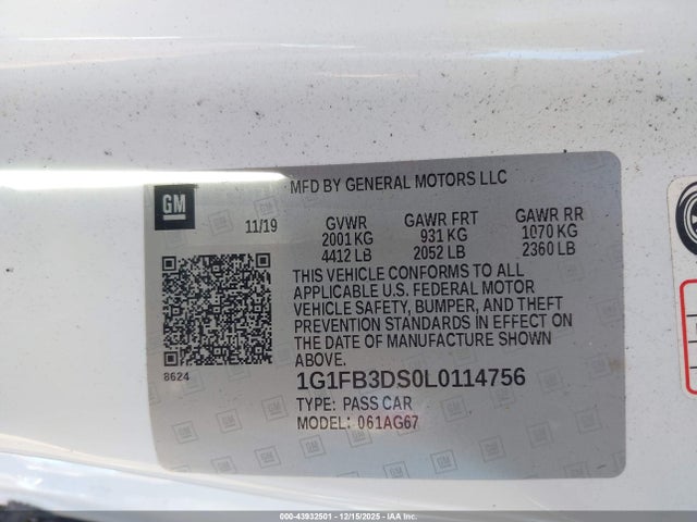 1G1FB3DS0L0114756 Chevrolet Camaro Rwd 1lt