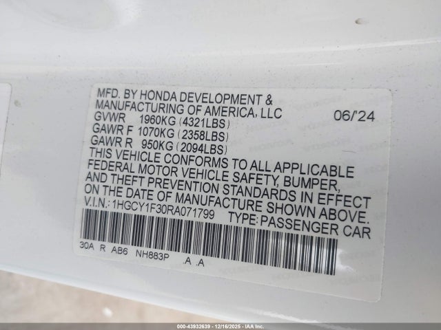 1HGCY1F30RA071799 Honda ACCORD EX