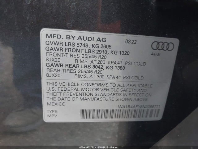 WA1B4AFY8N2088771 Audi Sq5 Premium Plus Tfsi Quattro Tiptronic