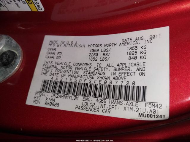 2012 MITSUBISHI ECLIPSE 4A31K5DF3CE007720 Photo 8