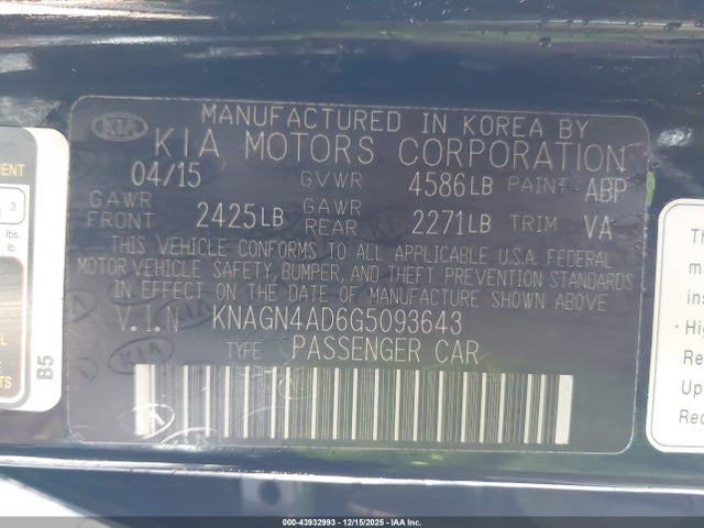 KNAGN4AD6G5093643 KIA Optima Hybrid Ex