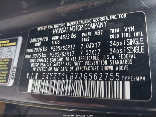 Продаж на аукціоні авто 2018 Hyundai Santa Fe Sport 2.4l, vin: 5XYZT3LBXJG562755, номер лоту: 43933008