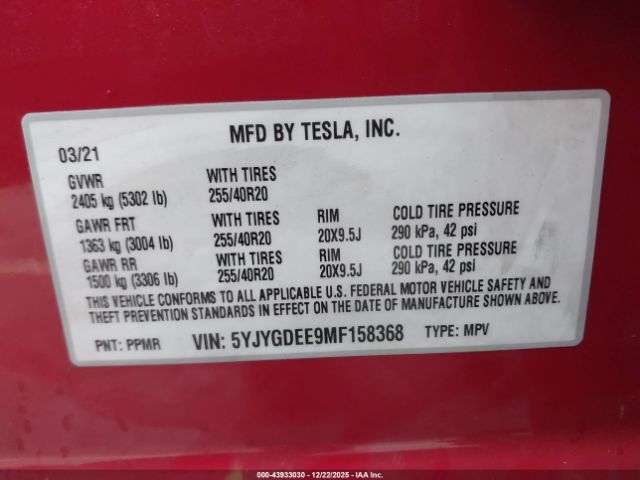 2021 TESLA MODEL Y 5YJYGDEE9MF158368 Photo 8