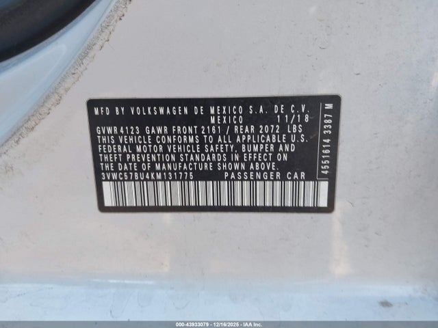Aukcja sprzedaży 2019 Volkswagen Jetta 1.4t R-line/1.4t S/1.4t Se, vin: 3VWC57BU4KM131775, numer aukcji: 43933079