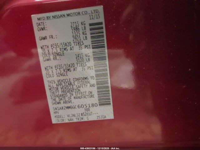 5N1AR2MM6GC605180 Nissan Pathfinder Platinum