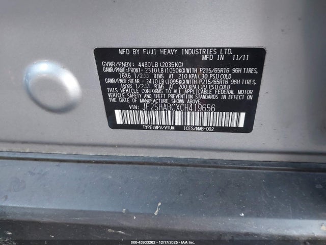 Продажа на аукционе авто 2012 Subaru Forester 2.5x, vin: JF2SHABCXCH419656, номер лота: 43933202