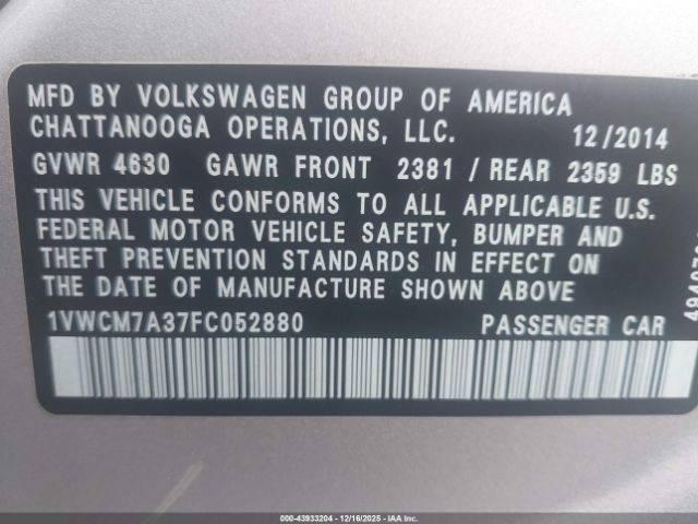 2015 VOLKSWAGEN PASSAT 1VWCM7A37FC052880 Photo 8