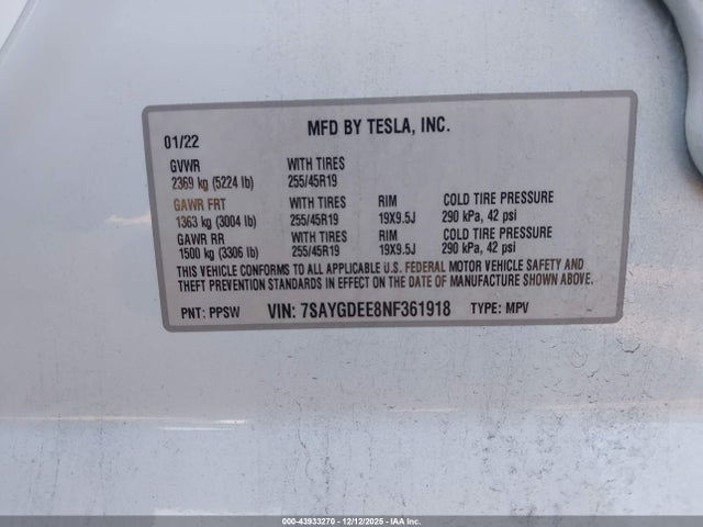 Продаж на аукціоні авто 2022 Tesla Model Y Long Range Dual Motor All-wheel Drive, vin: 7SAYGDEE8NF361918, номер лоту: 43933270