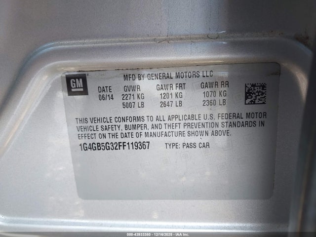 43933380 :رقم المزاد ، 1G4GB5G32FF119367 vin ، 2015 Buick Lacrosse Leather مزاد بيع