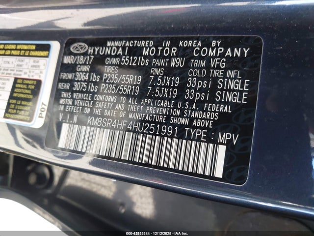 KM8SR4HF4HU251991 Hyundai Santa Fe Limited Ultimate