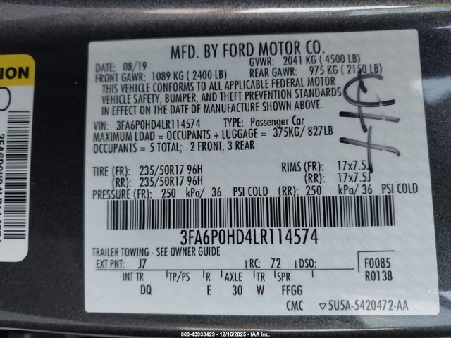 Ford FUSION SE 2020 3FA6P0HD4LR114574 Image 9
