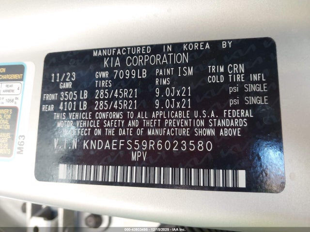 KNDAEFS59R6023580 KIA Ev9 Gt-line