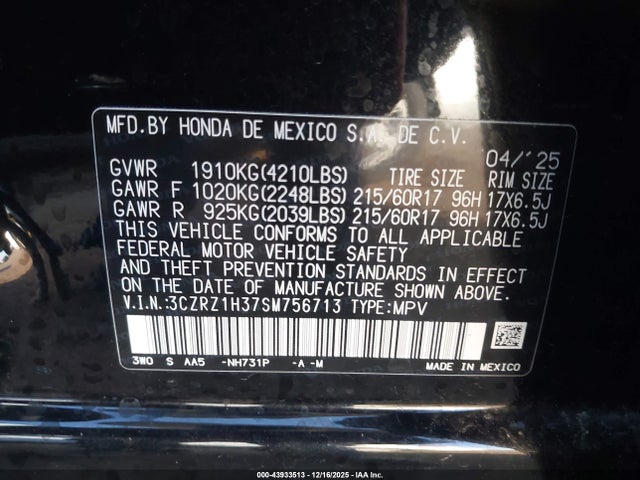 3CZRZ1H37SM756713 Honda Hr-v 2wd Lx