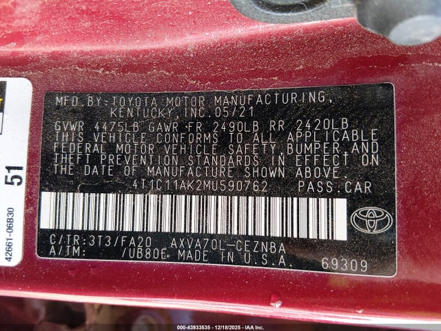 4T1C11AK2MU590762 Toyota CAMRY LE
