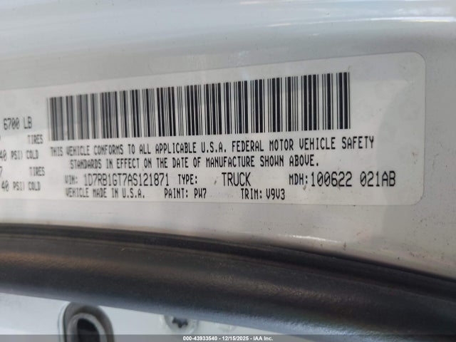 2010 Dodge Ram 1500 Slt/sport/trx მანქანა იყიდება აუქციონზე, vin: 1D7RB1GT7AS121871, აუქციონის ნომერი: 43933540