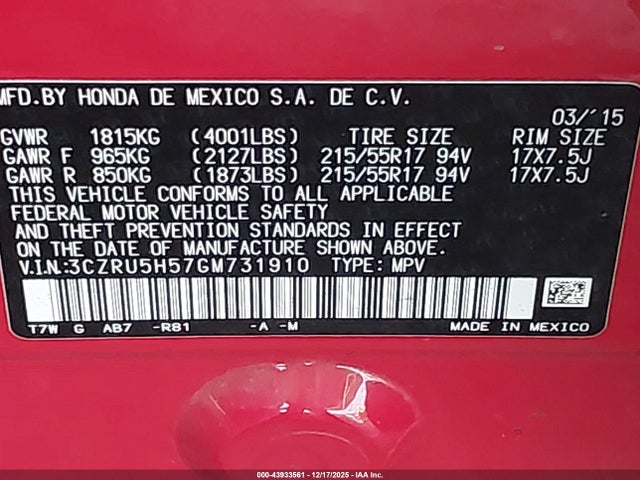 3CZRU5H57GM731910 Honda HR-V EX