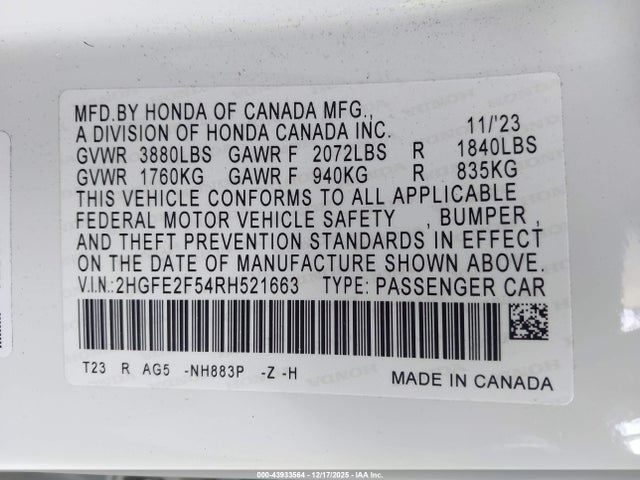 2024 HONDA CIVIC 2HGFE2F54RH521663 Photo 8