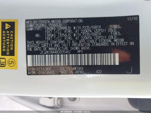 43933583 :رقم المزاد ، JTJZK1BA4B2005462 vin ، 2011 Lexus Rx 350 مزاد بيع
